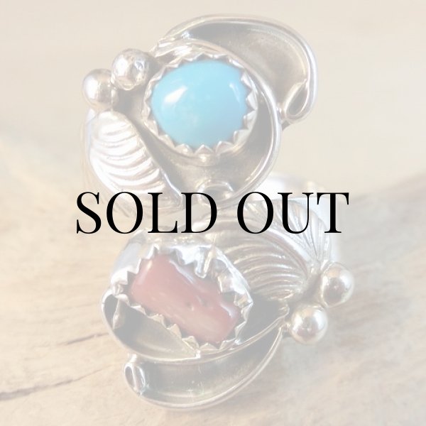 画像3: ナバホ族：ターコイズ&コーラル(サンゴ）付き フリーサイズリング (3)