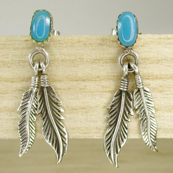 画像4: ナバホ族：ターコイズ＆シルバーフェザー付き ピアス (4)