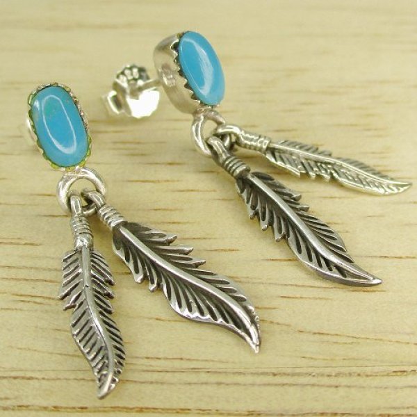 画像2: ナバホ族：ターコイズ＆シルバーフェザー付き ピアス (2)